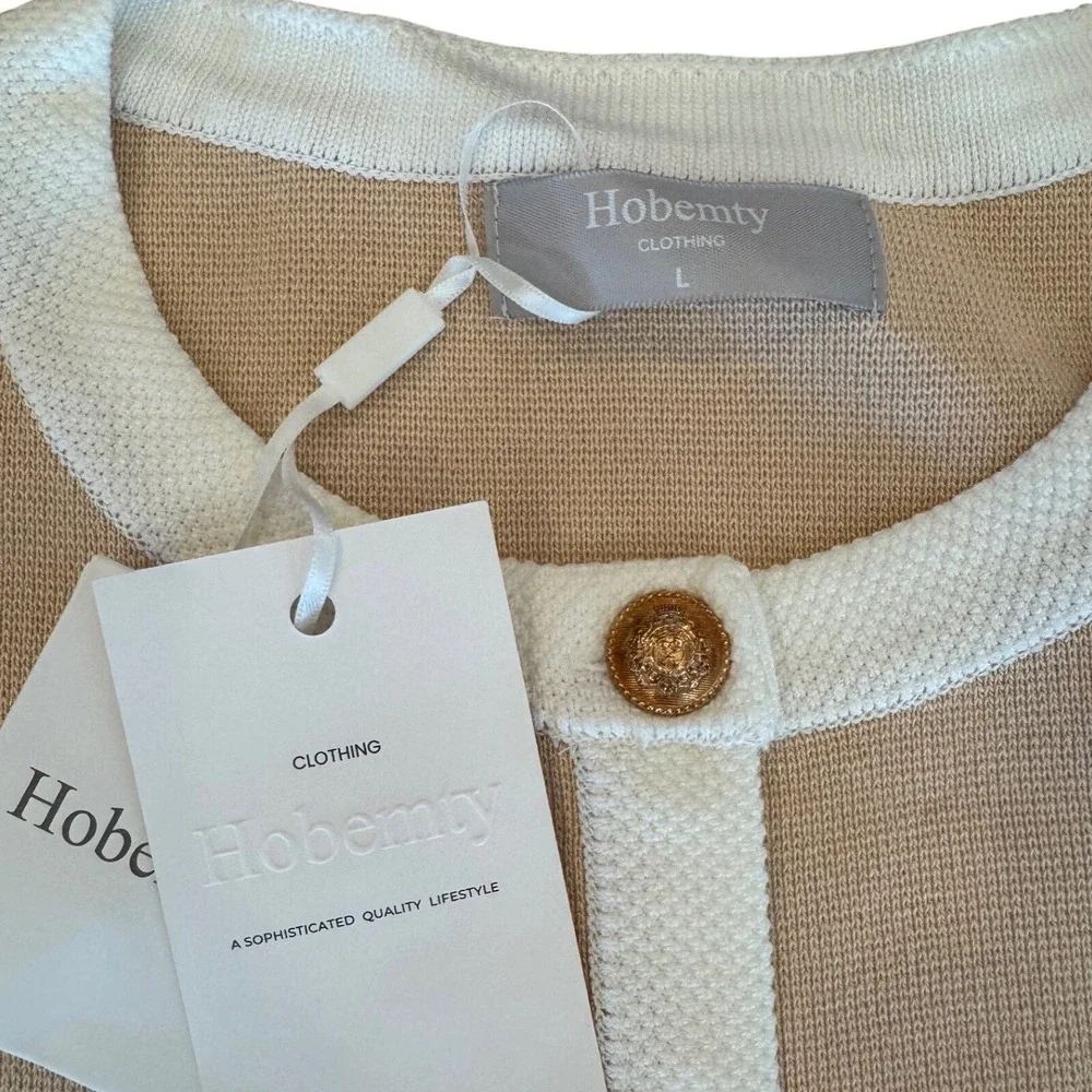 Hobemty Womens Tan White Contrast Knit Cardigan Sweater Gold Button Jacket L